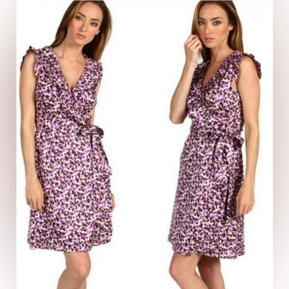 Kate Spade Aubrey Purple/White/Peach/Tan Wrap Silk Dress with Sash - Size 2. - Picture 15 of 17